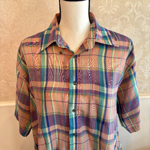 Super Thin Summer Weight 80s Pink Large Format Plaid Button Shirt Large L - Picture 5 of 11